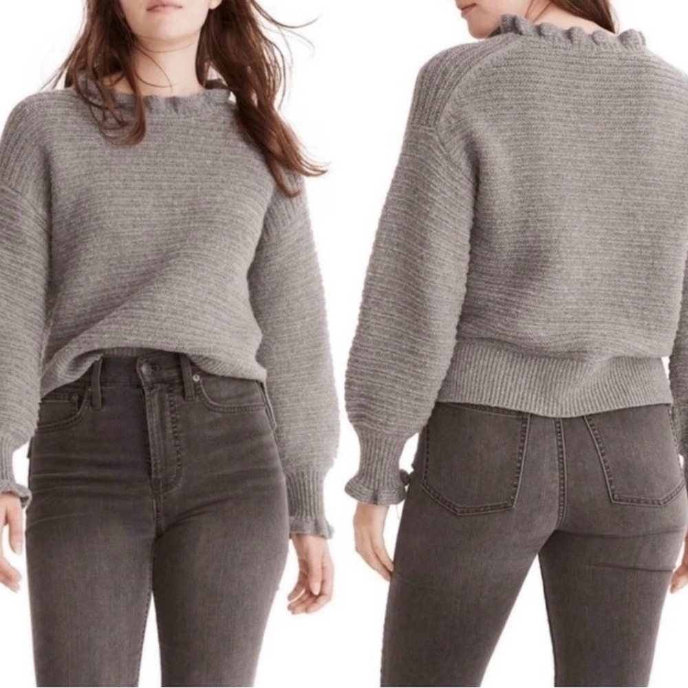 Madewell Ruffle Neck Pullover Sweater Cotton-Merino Wool Yarn Gray Size Small
